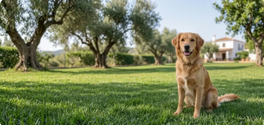 Perro feliz disfrutando en el jardín de la residencia canina Cuidandogs en Málaga.